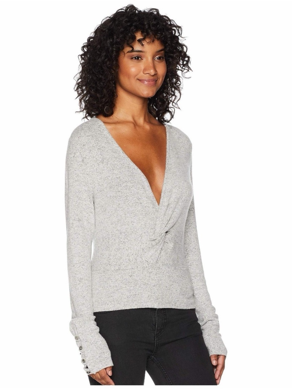 Free People | Light Gray V-Neck Knot Front Lightweight Soft Sweater